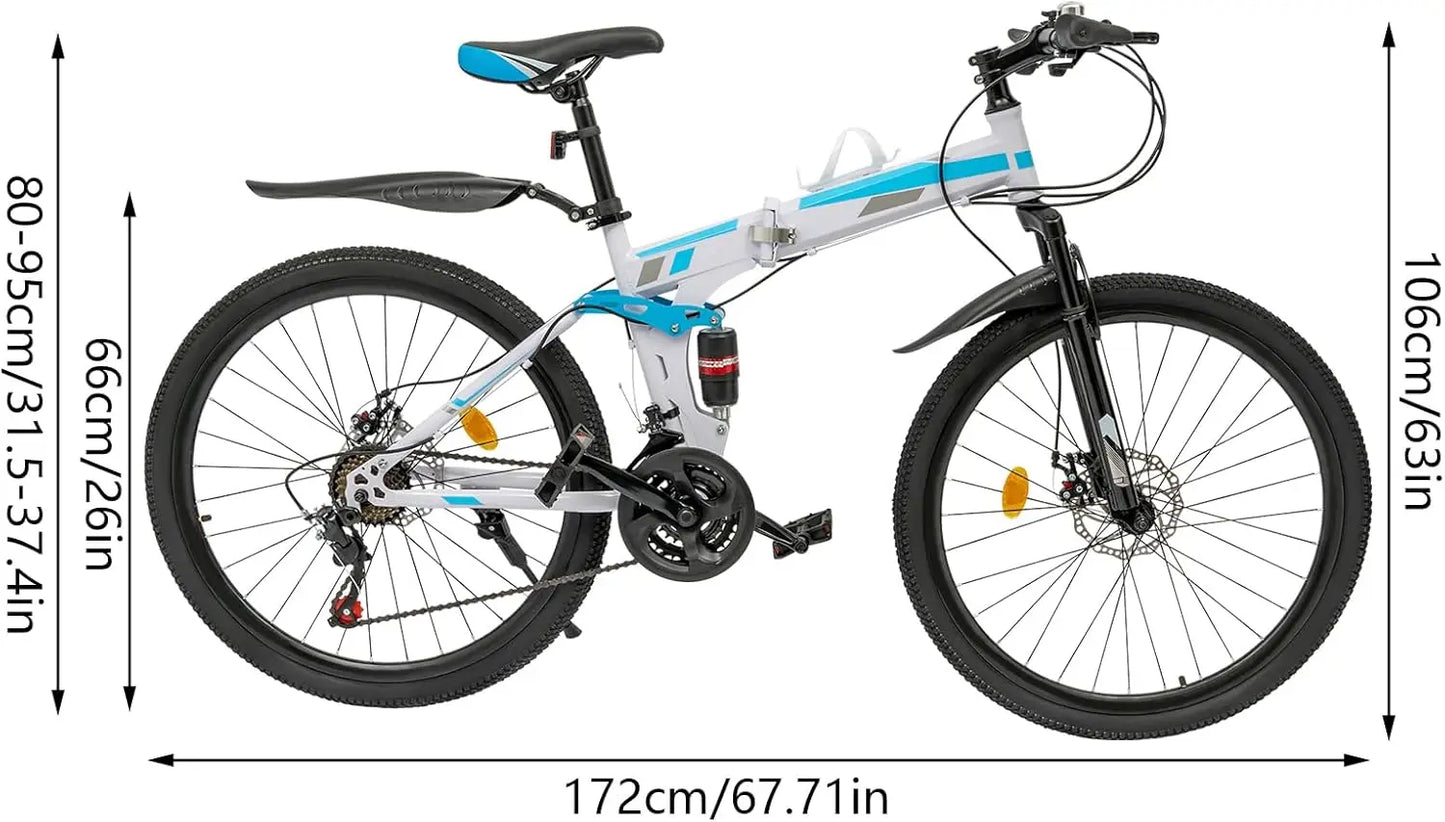 26 Inch Mountain Bike, 21 Speed Folding Bike, Foldable Bicycle for Daily Commuting, Fitness, Off-Road Challenges, Competition