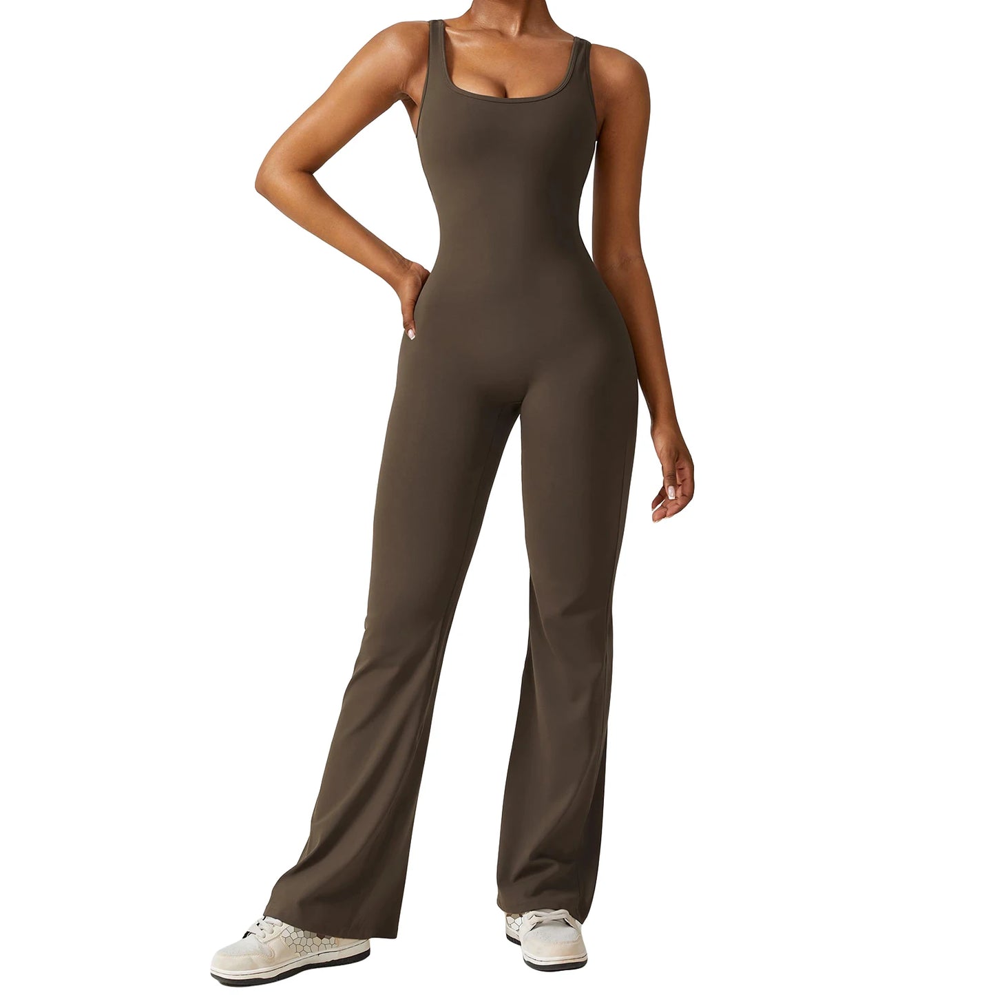 Women s Sleeveless Tank Jumpsuit Solid Color U-Neck Back Cutout Wide Leg Pants Playsuit Clubwear