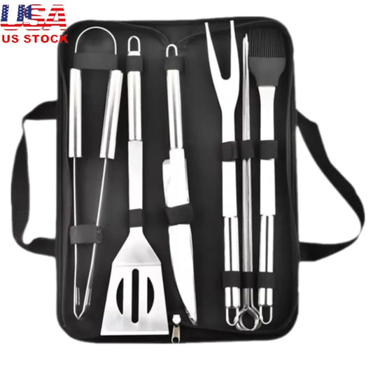 Stainless Steel BBQ Grill Tool Set 9-Piece Accessories Kit Spatula Fork Knife Brush Tongs Carry Bag Outdoor Cooking Essentials