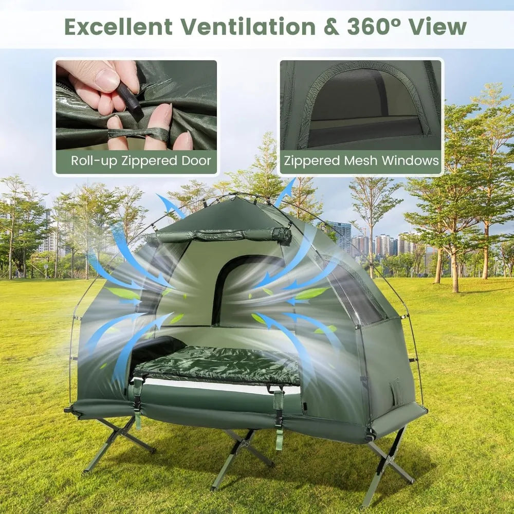Camping Tent Cot, 5 in 1 Off Ground Elevated Tent with Air Mattress, Sleeping Bag & Pillow, Folding Camping Cot Combo with Carr