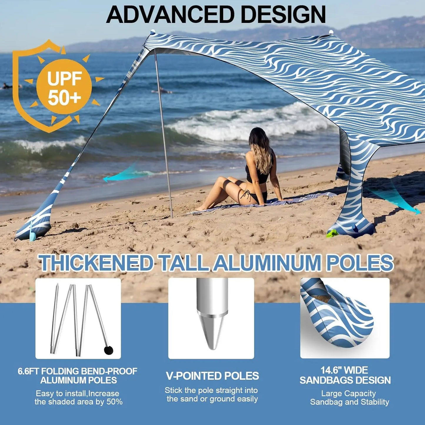 Sunshade tent UPF50+ with 4 foldable poles - portable carrying bag ground nails - windbreak rope for outdoor camping - picnic