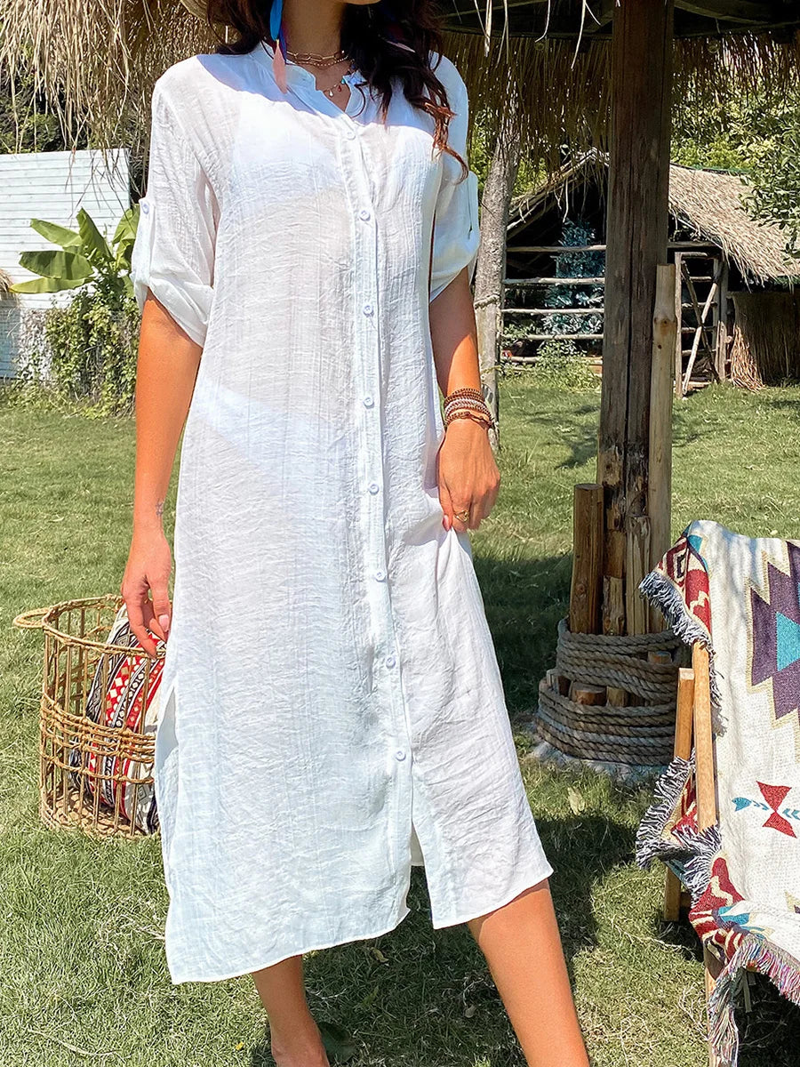 Women Loose Bikini Cover Up Solid Color Long Sleeve Button Down Shirt Cardigan Smock for Summer Swimsuit