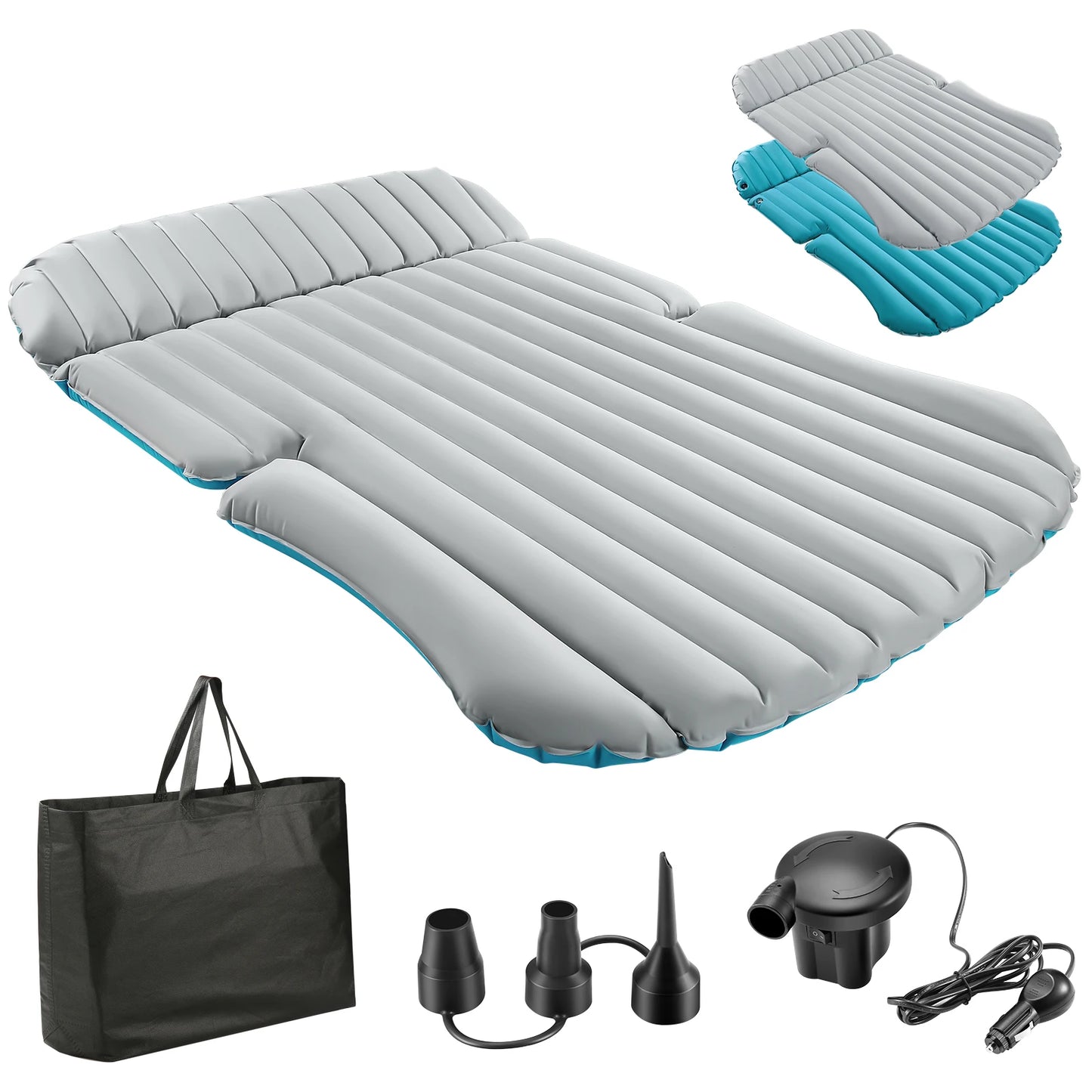 QDH SUV Air Mattress Double Sided Inflatable Camping Bed with Electric Pump for Trunk and Rear Seat Gray and Blue No Pillows