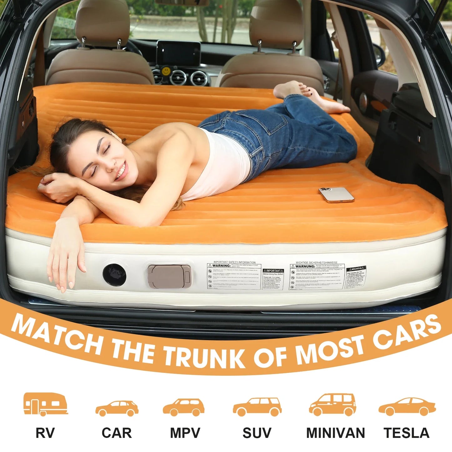 QDH SUV Air Mattress Double Size Thickened Flocked Car Mattress with Built-in Pump Portable Inflatable Bed 660lb Capacity
