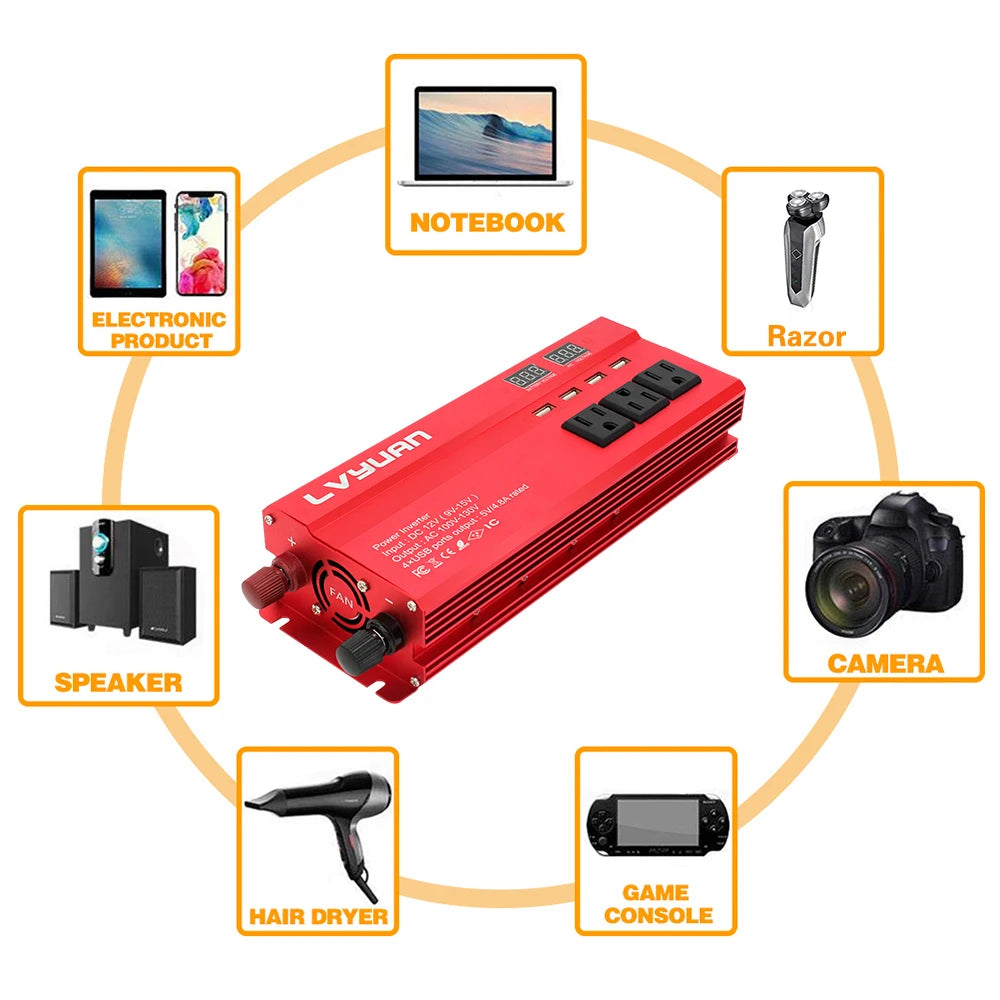 12V To 220V 5000W 6000W Power Inverter LED Display US Socket Solar Inverter Dual USB Fast Charging for Phone Laptops Car
