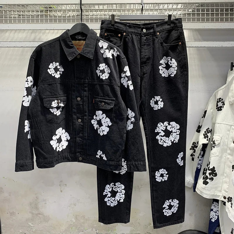 European and American high street cotton print denim jacket trendy brand hiphop explosive street pants loose retro  jacket
