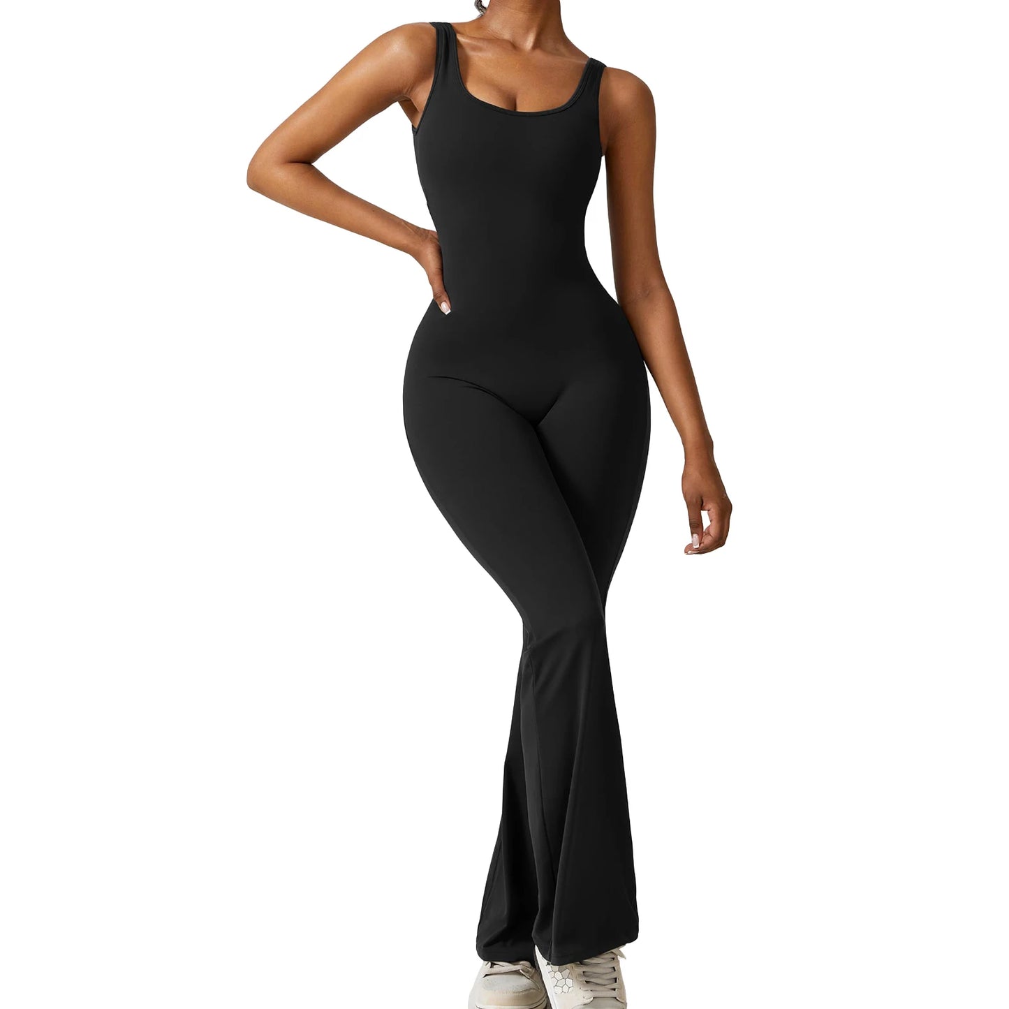 Women s Sleeveless Tank Jumpsuit Solid Color U-Neck Back Cutout Wide Leg Pants Playsuit Clubwear