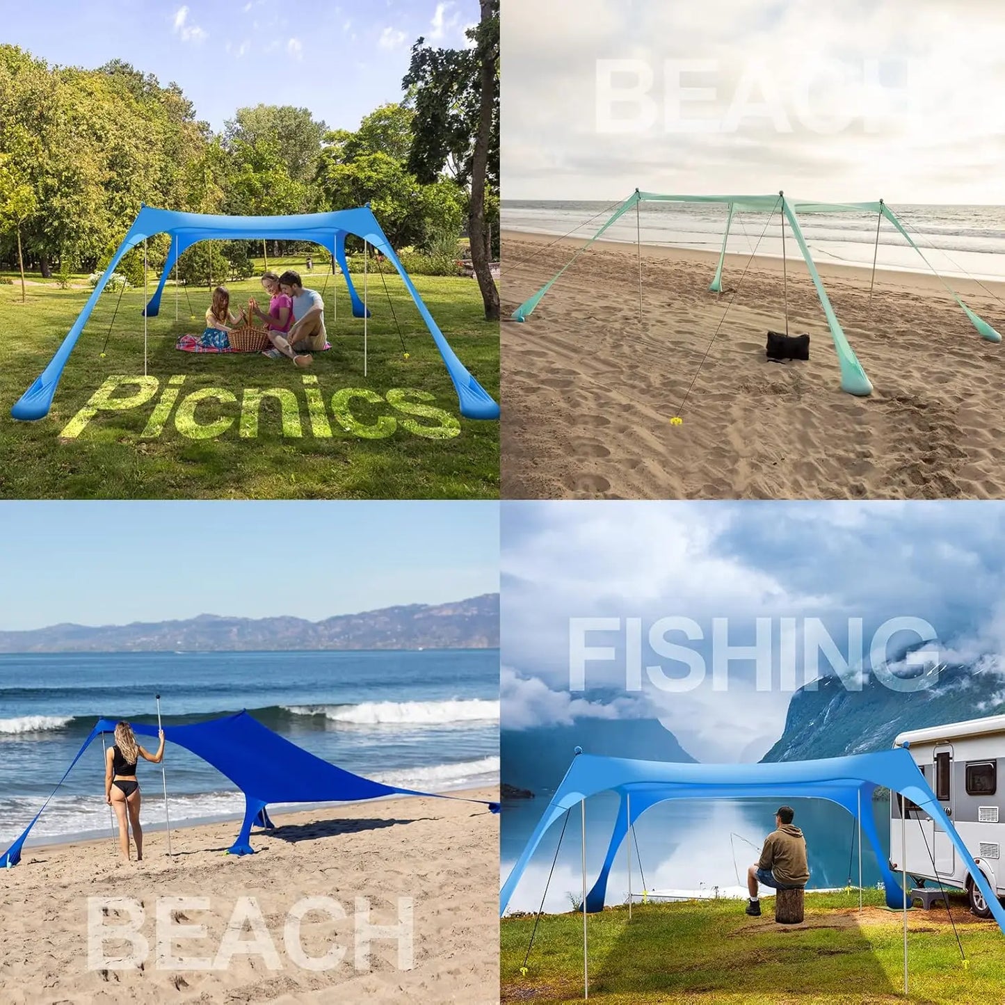Sunshade tent UPF50+ with 4 foldable poles - portable carrying bag ground nails - windbreak rope for outdoor camping - picnic