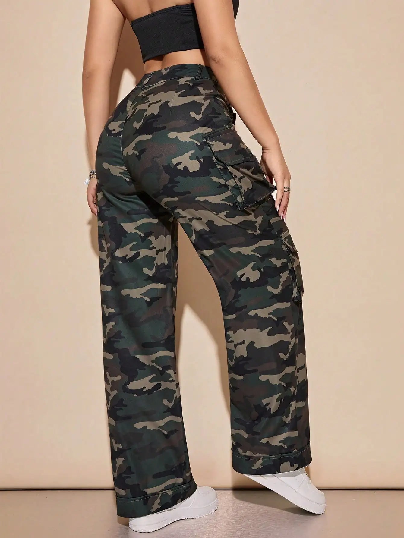 Women's Camo Cargo Pants High Waist Wide Leg Baggy Pants with Flat Pockets Casual Streetwear Jogger Military Pants 2025