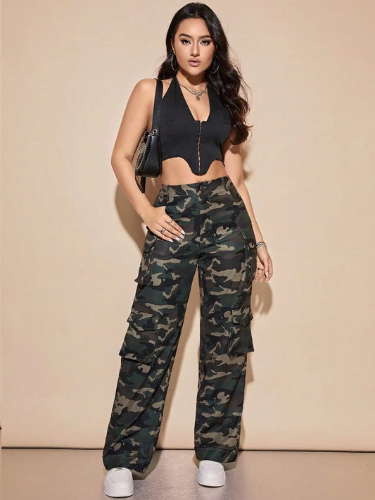 Women's Camo Cargo Pants High Waist Wide Leg Baggy Pants with Flat Pockets Casual Streetwear Jogger Military Pants 2025