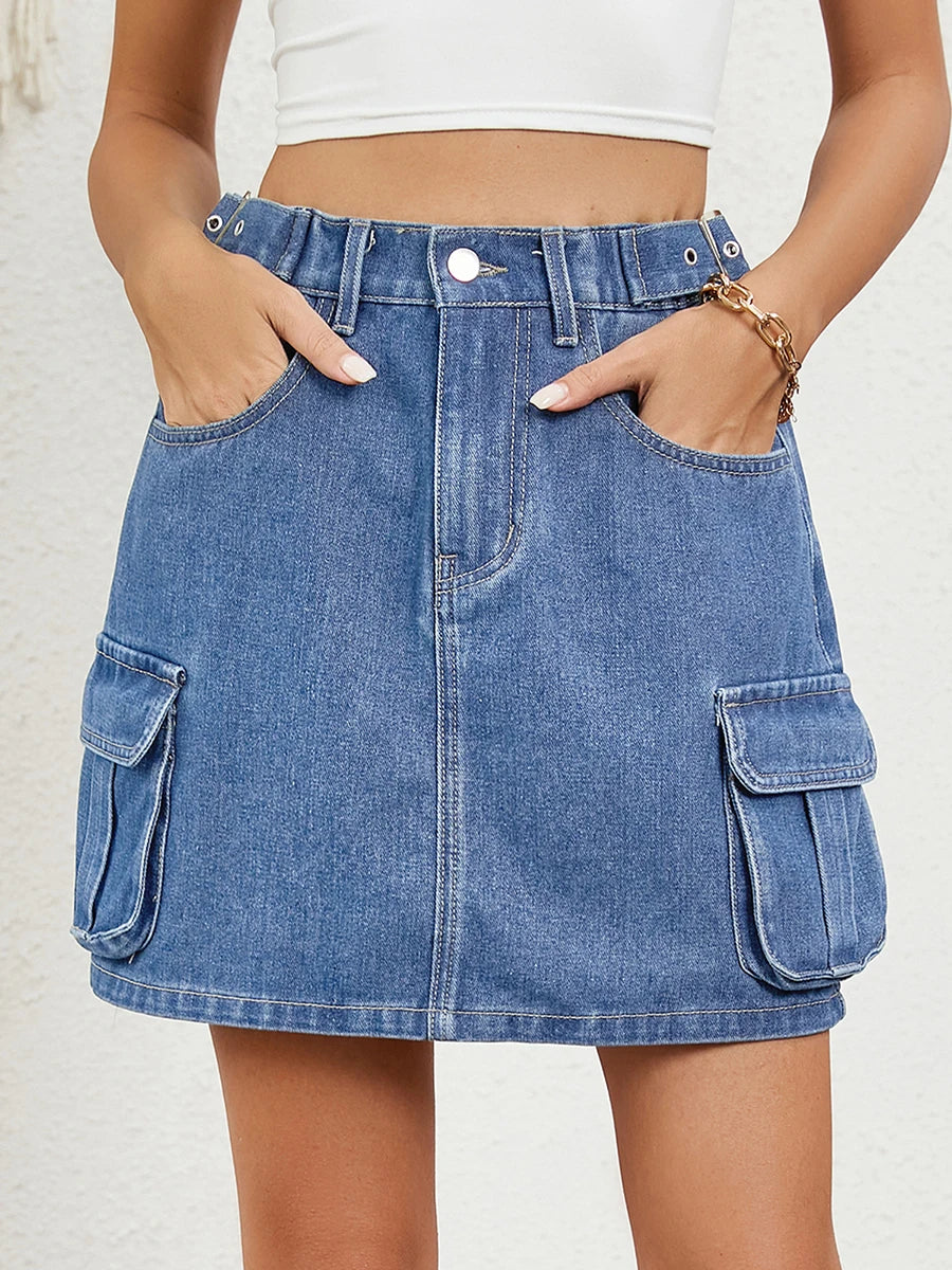 Ladies Denim Skirts in Classic Blue with Stylish Adjustable Waistband and Convenient Pockets - Trendy Summer Fashion Mini Skirt
