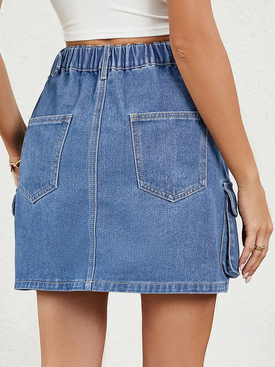 Ladies Denim Skirts in Classic Blue with Stylish Adjustable Waistband and Convenient Pockets - Trendy Summer Fashion Mini Skirt