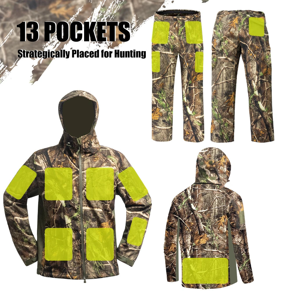 Multifunctional Hunting Clothes Fleece Lining Safety Strap Water Resistant Silent Hunting Jacket and Pants