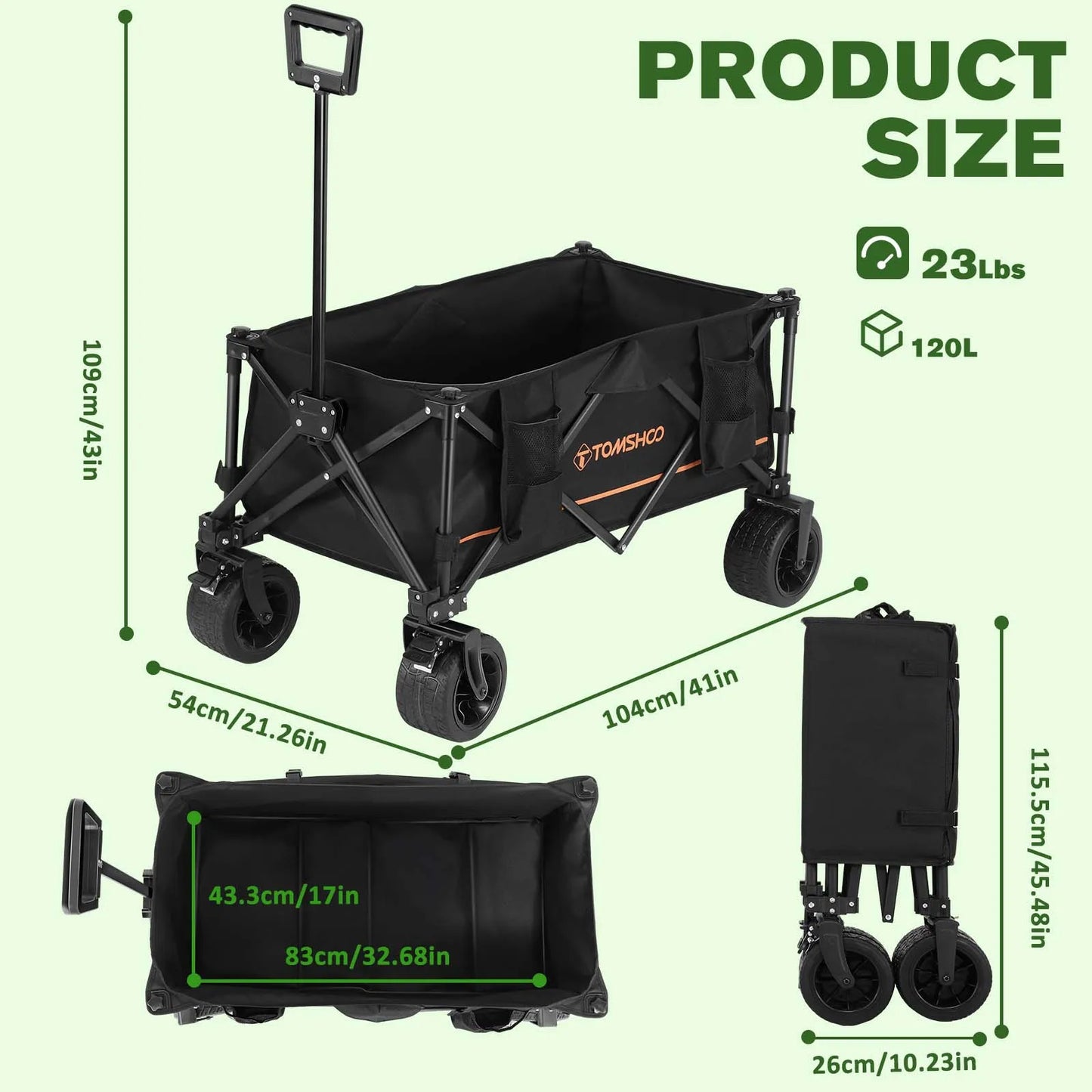 TOMSHOO Collapsible Folding Wagon Cart/Portable Large Capacity Camping Wagon/All Terrain Foldable Wagon/Heavy Duty Utility Wagon