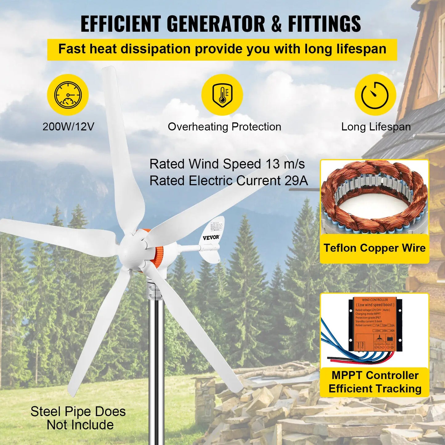 Wind Turbine Generator 500W 5 Blades With MPPT Controller Windmill RV Yacht