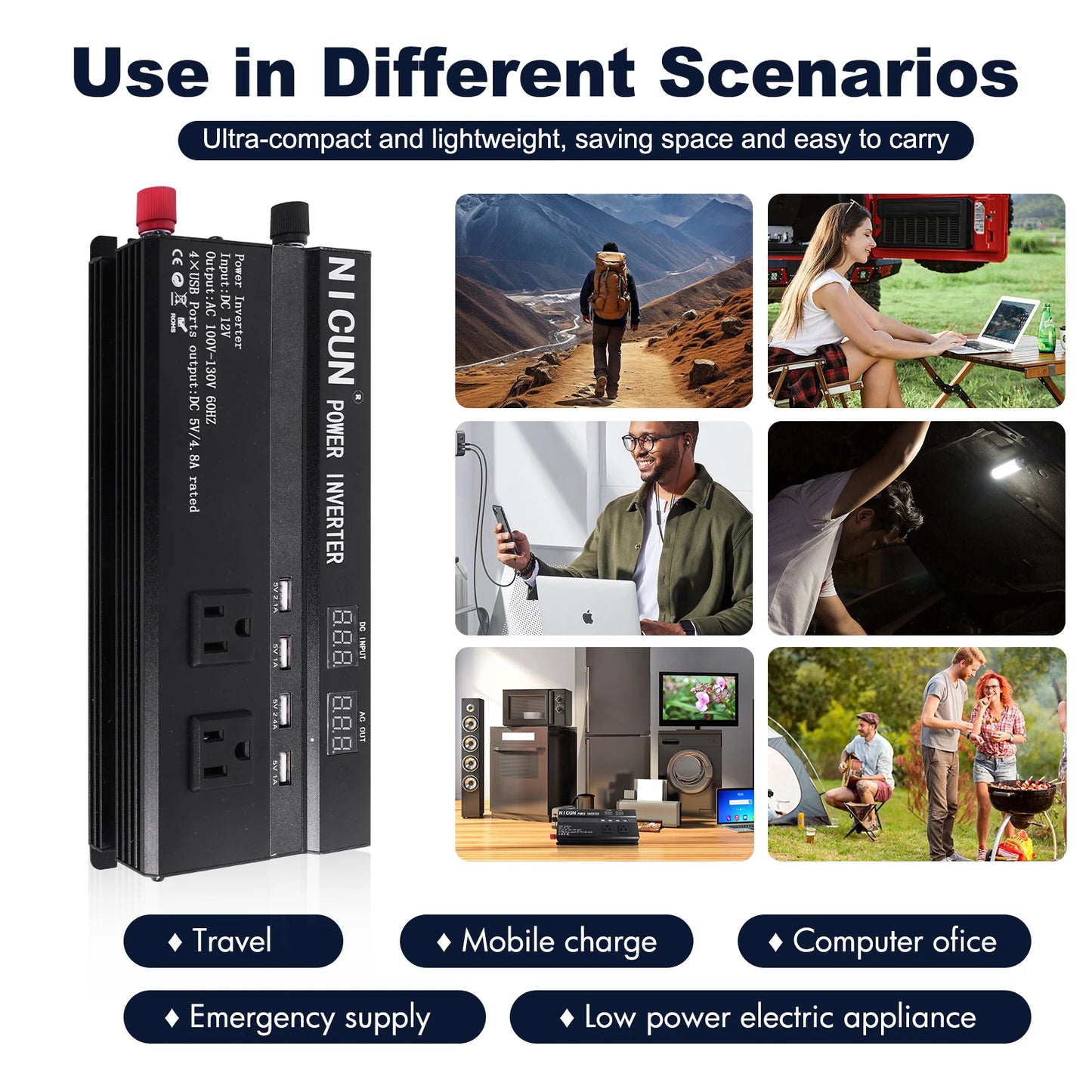 6000W Car Converter Power Inverter DC 12V To AC 110V Sine Wave Solar Power Converter LCD Home RV Solar Adapter 4 USB Ports