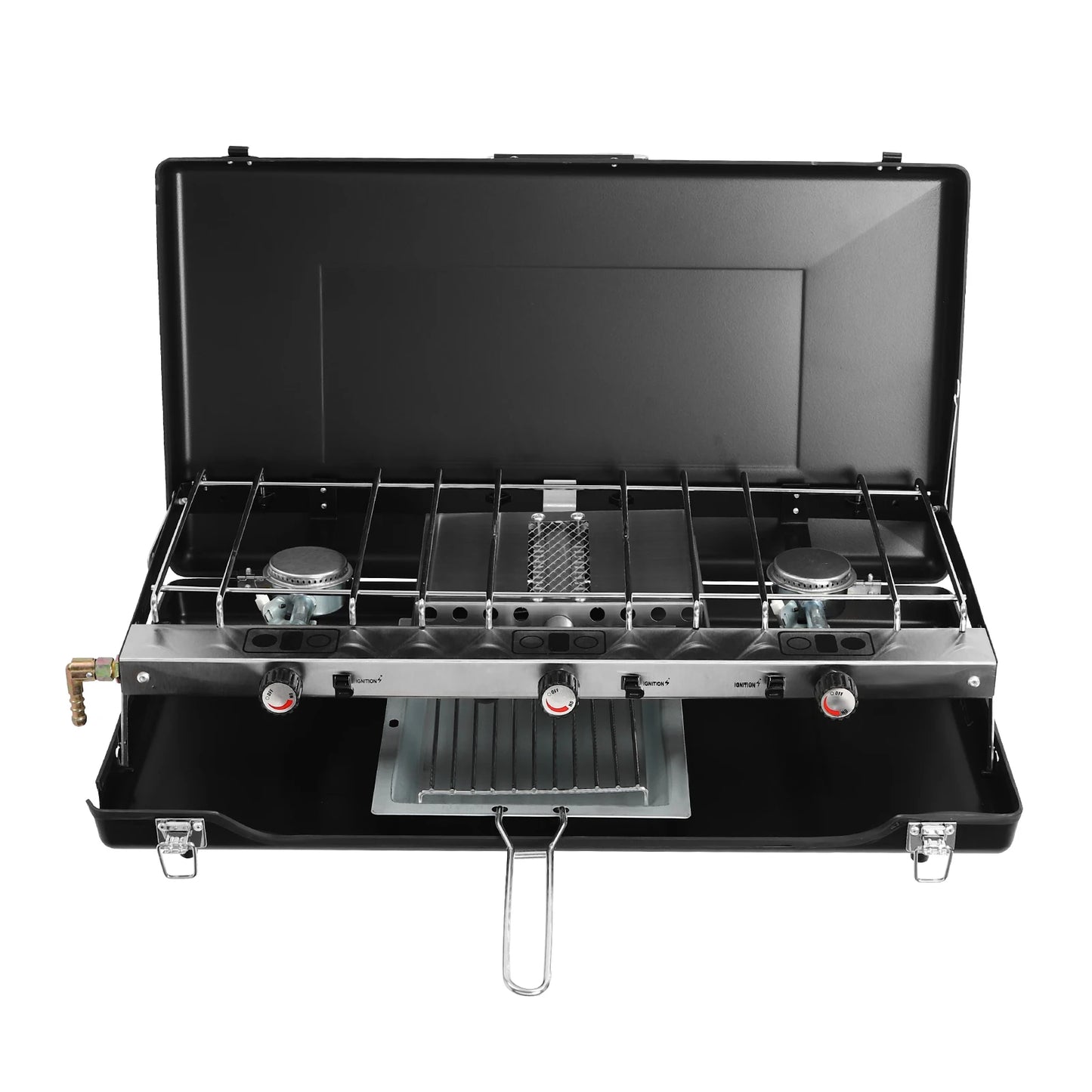 Portable Camping Stove, Gas Camping Stove with 3 Burners, Folding BBQ Grill, Push-Button Instant Ignition, for Outdoor Cooking