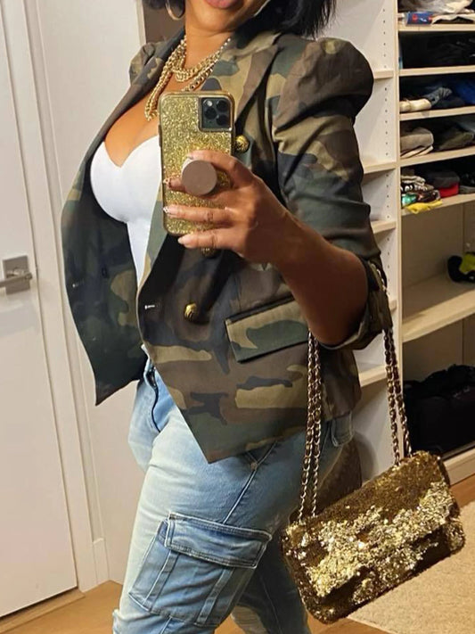 Camouflage Printed Double Breasted Jacket for Women Casual Long Sleeved Lapel Open Top Suitable for Spring and Autumn