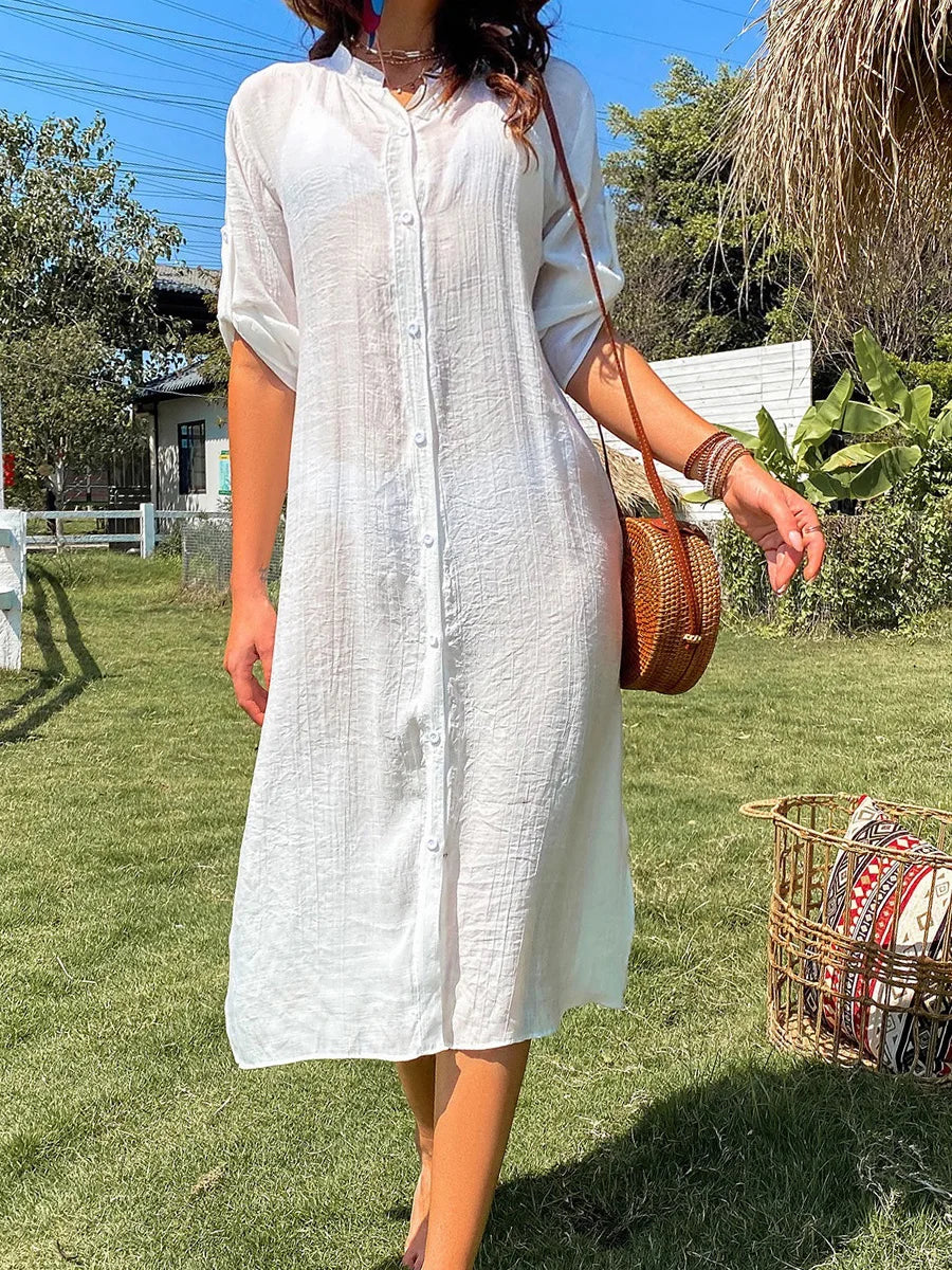Women Loose Bikini Cover Up Solid Color Long Sleeve Button Down Shirt Cardigan Smock for Summer Swimsuit
