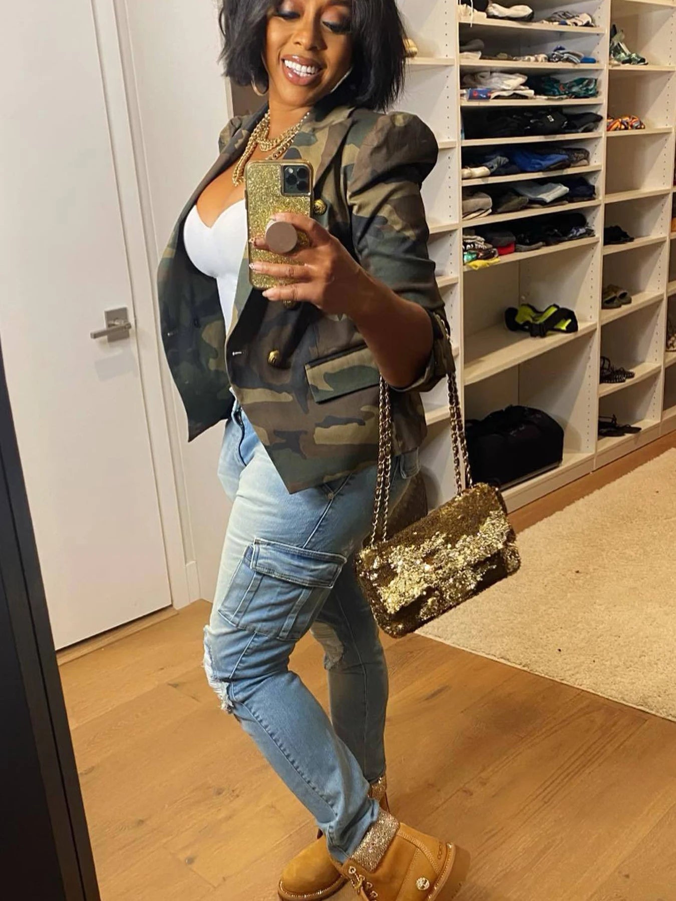 Camouflage Printed Double Breasted Jacket for Women Casual Long Sleeved Lapel Open Top Suitable for Spring and Autumn