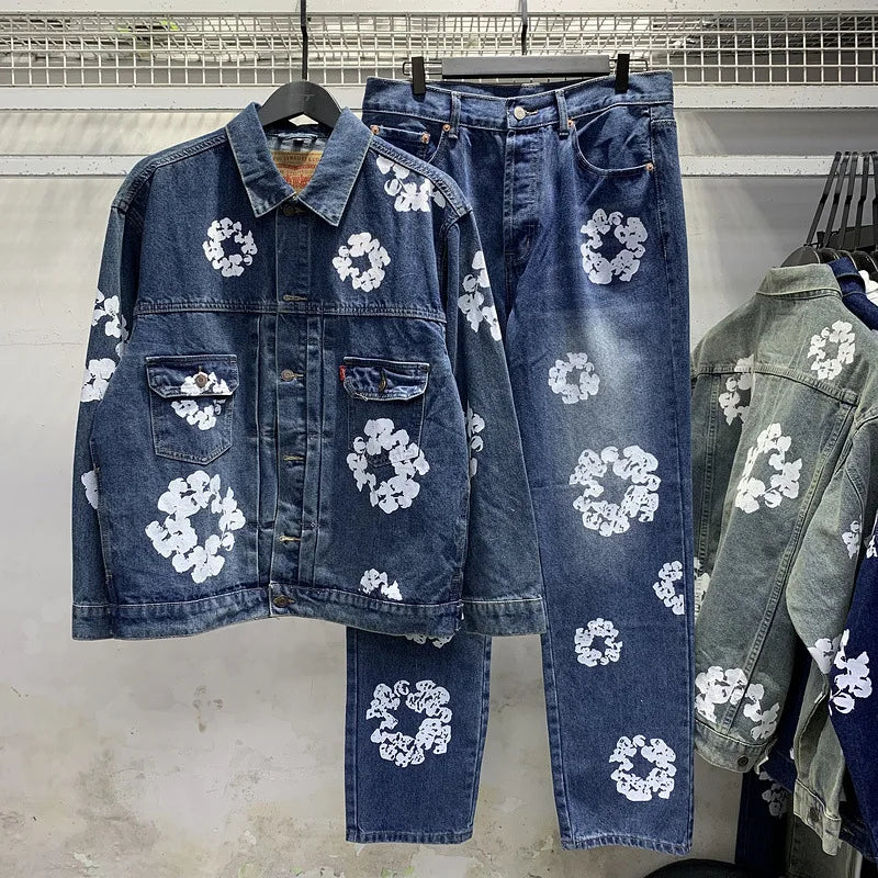 European and American high street cotton print denim jacket trendy brand hiphop explosive street pants loose retro  jacket