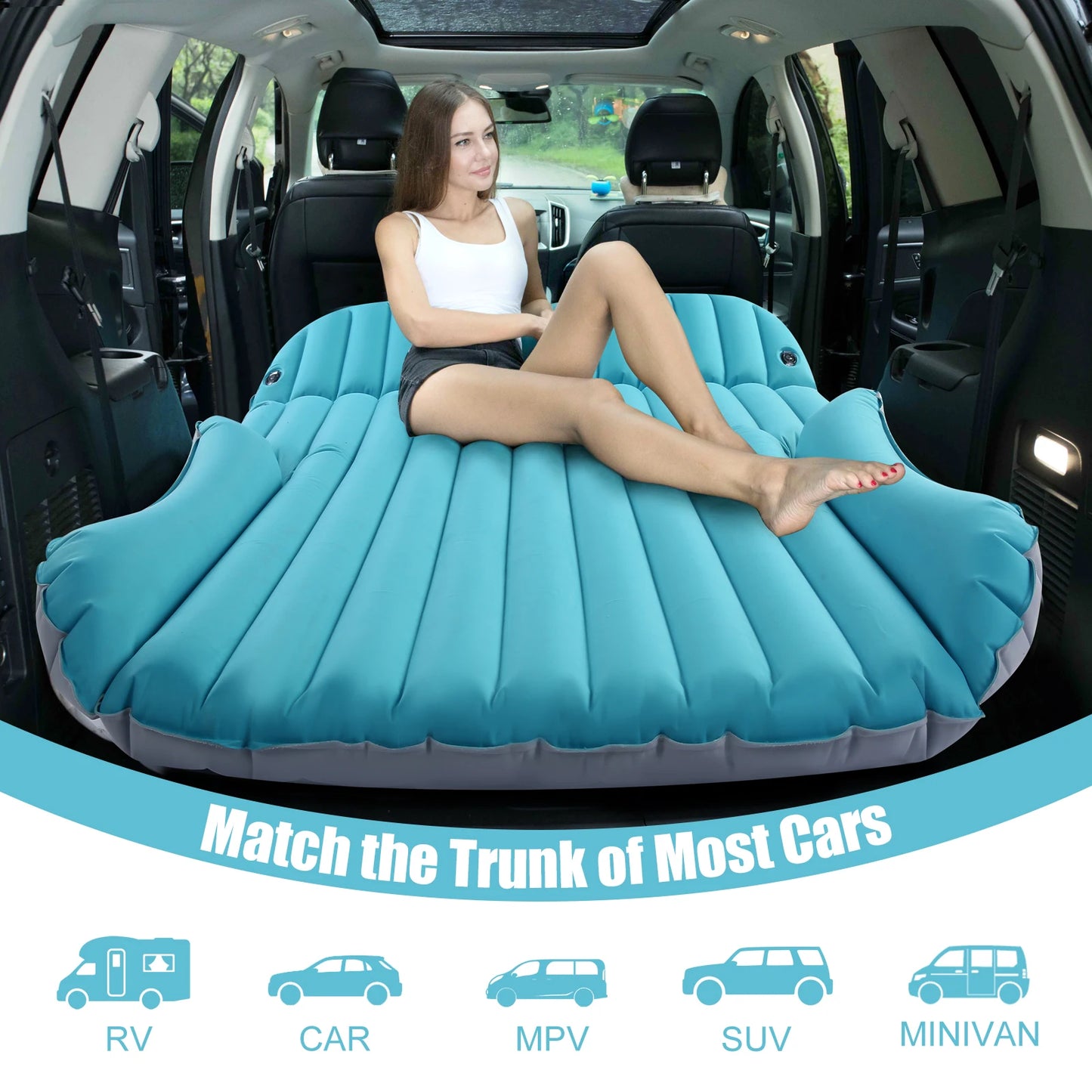 QDH SUV Air Mattress Double Sided Inflatable Camping Bed with Electric Pump for Trunk and Rear Seat Gray and Blue No Pillows