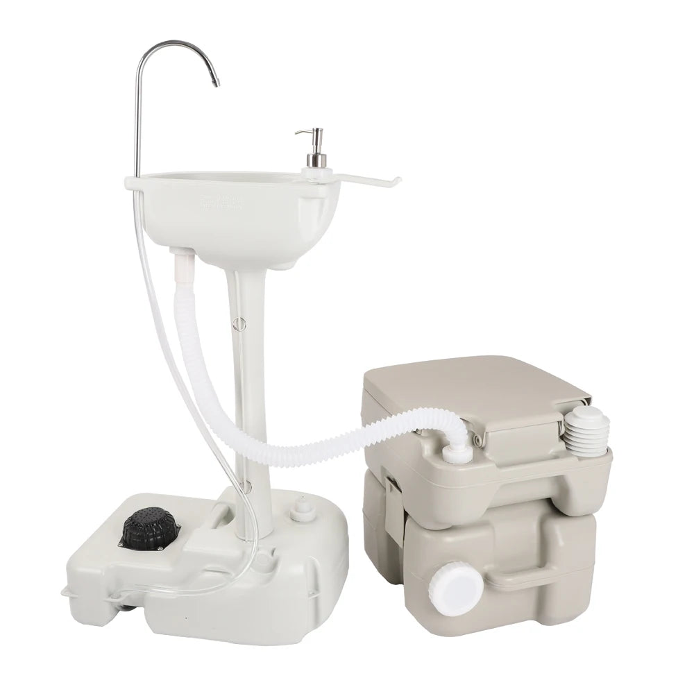 Outdoor Portable Camping Sink with Toilet, Standing Hand Wash Basin with Foot Pump and Water Tank, for RV, Travel, Fishing
