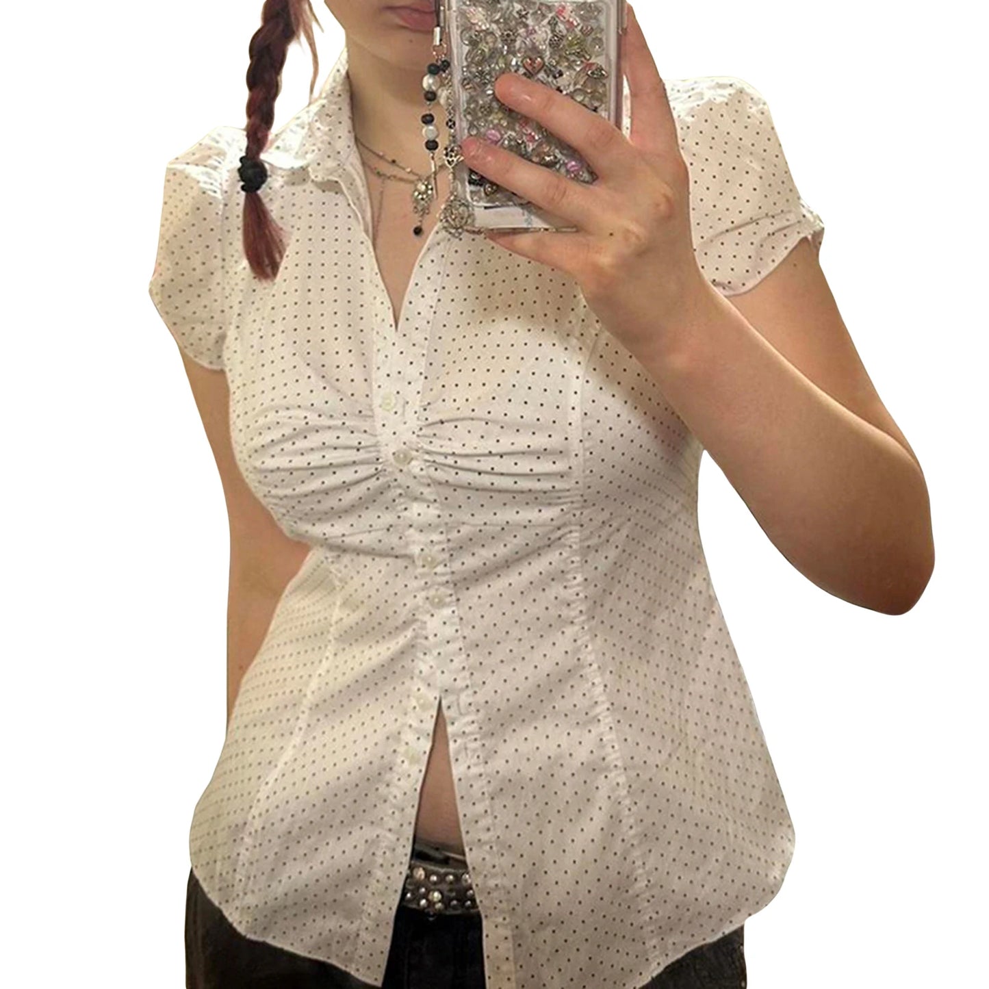 Women s Polka Dot Print Button Down Shirt with Short Sleeves Casual Blouse Top for Streetwear Fashion and Aesthetic Clothing