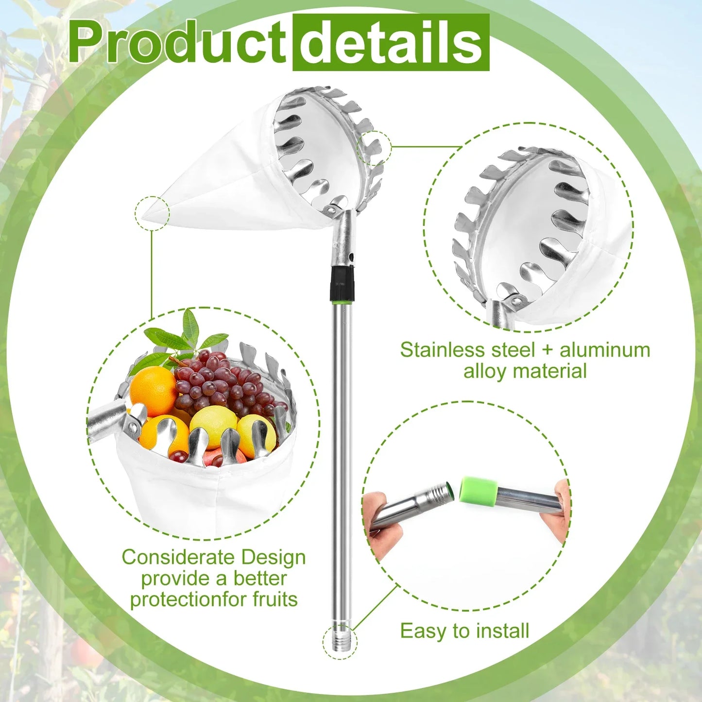 New Fruit Picker Fruit Picking Tool with Storage Bag Stainless Steel Orange Picker Tool