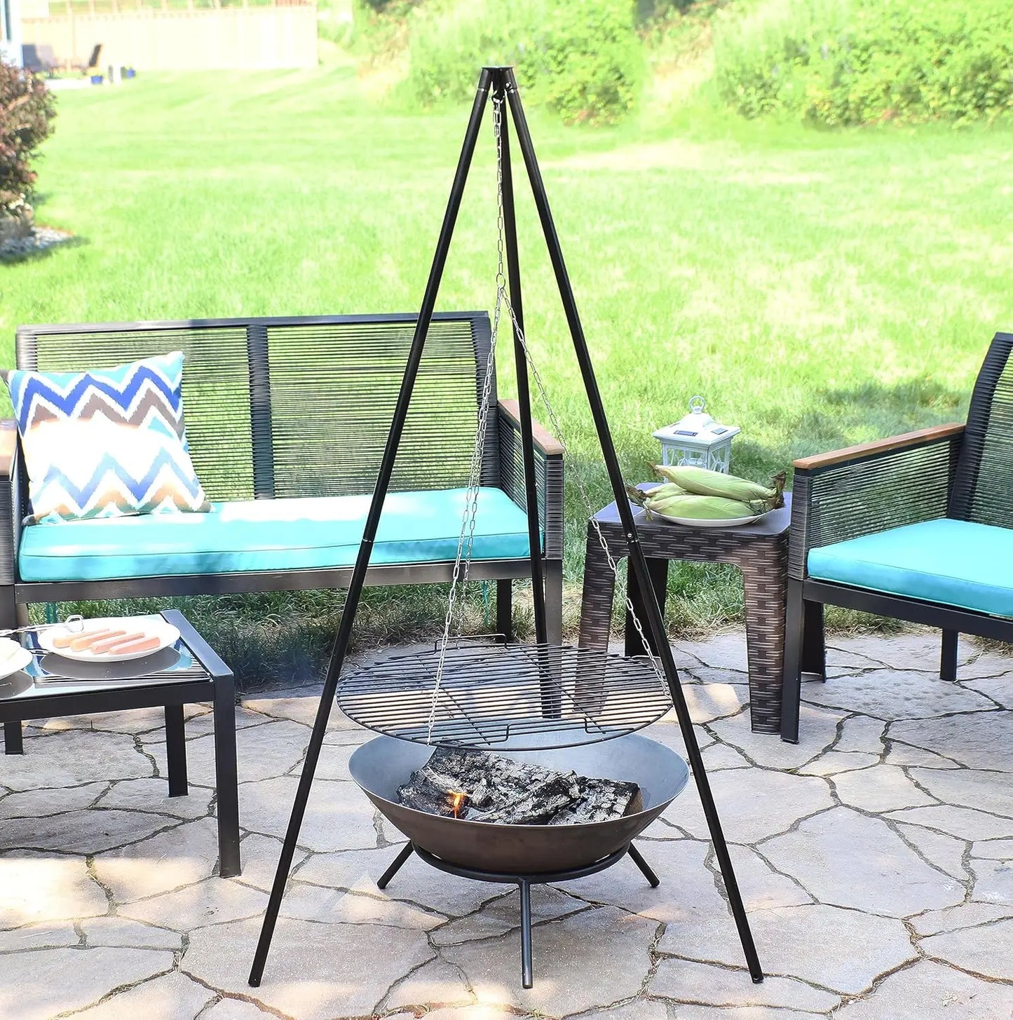 Outdoor Fire Pit Tripod Cooking Grill System - Black Steel Grate and Legs - 22-Inch