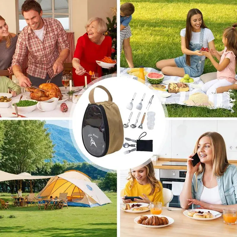 Camping Kitchen Set 11pcs Cooking Utensil Bowls & Forks BBQ Camping Kit