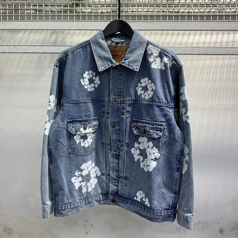 European and American high street cotton print denim jacket trendy brand hiphop explosive street pants loose retro  jacket