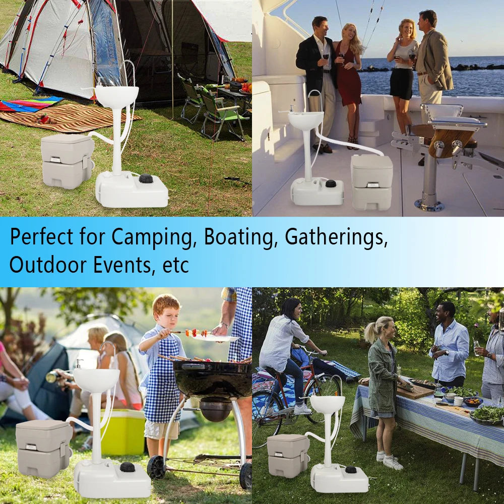 Outdoor Portable Camping Sink with Toilet, Standing Hand Wash Basin with Foot Pump and Water Tank, for RV, Travel, Fishing