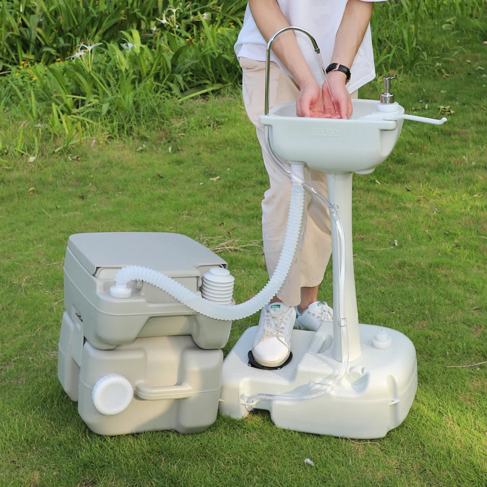 Outdoor Portable Camping Sink with Toilet, Standing Hand Wash Basin with Foot Pump and Water Tank, for RV, Travel, Fishing