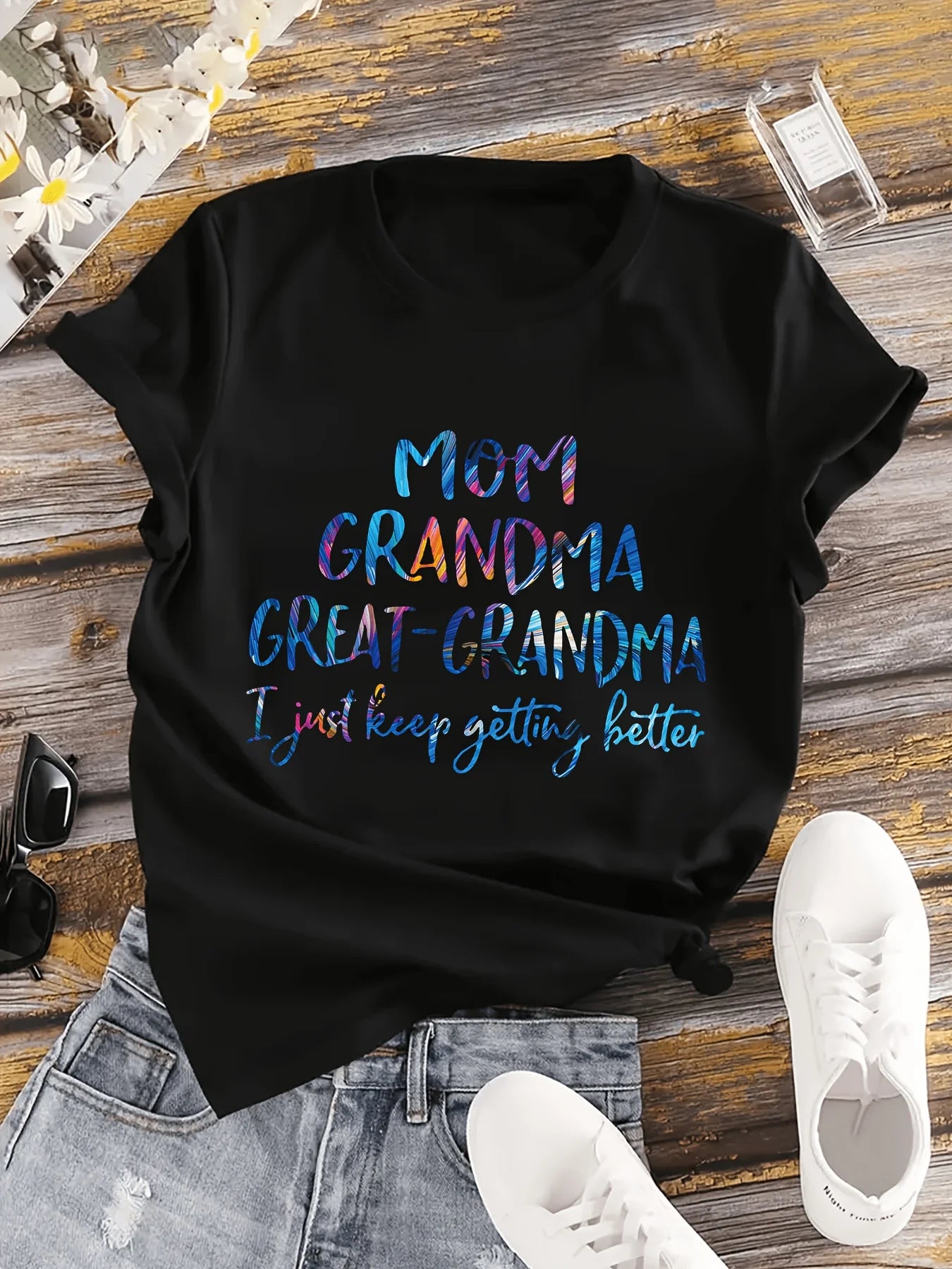 Plus Size Ombre MOM GRANDMA Print T-shirt, Short Sleeve Crew Neck Casual Top For Summer & Spring, Women's Plus Size Clothing