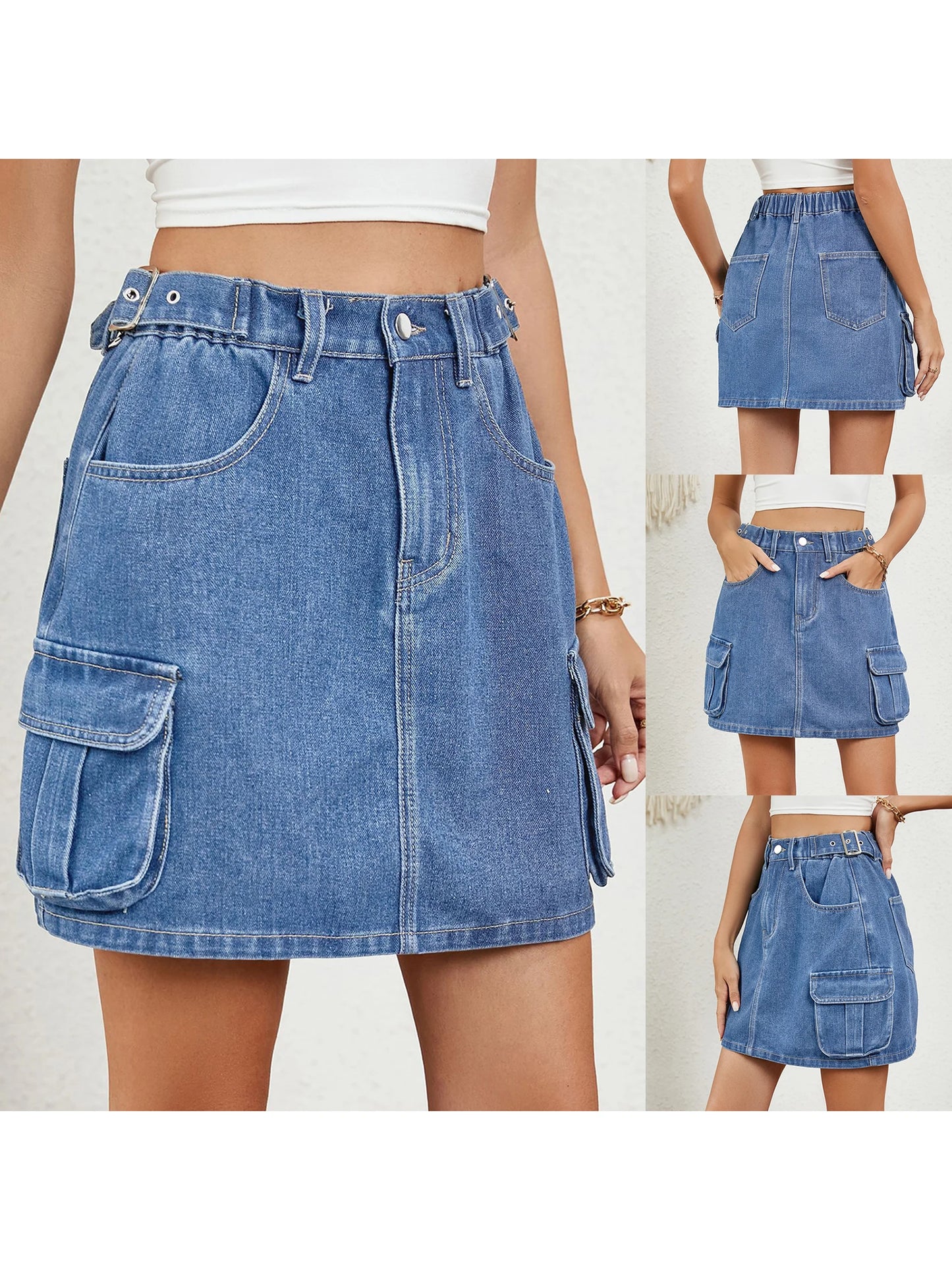 Ladies Denim Skirts in Classic Blue with Stylish Adjustable Waistband and Convenient Pockets - Trendy Summer Fashion Mini Skirt