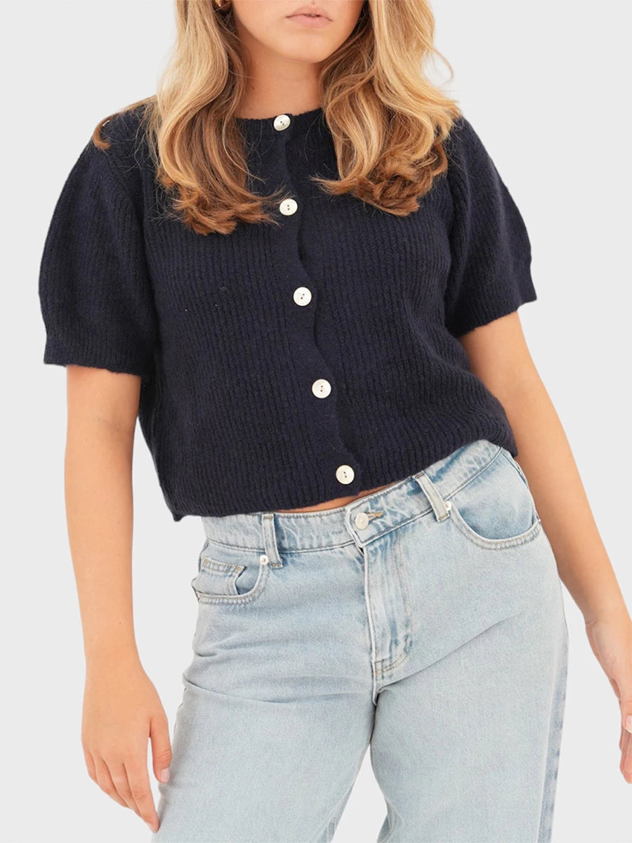 Women s V-Neck Button Down Knit Cardigan Sweater Solid Color Ribbed Loose Fit Short Sleeve Cropped Pullover Top
