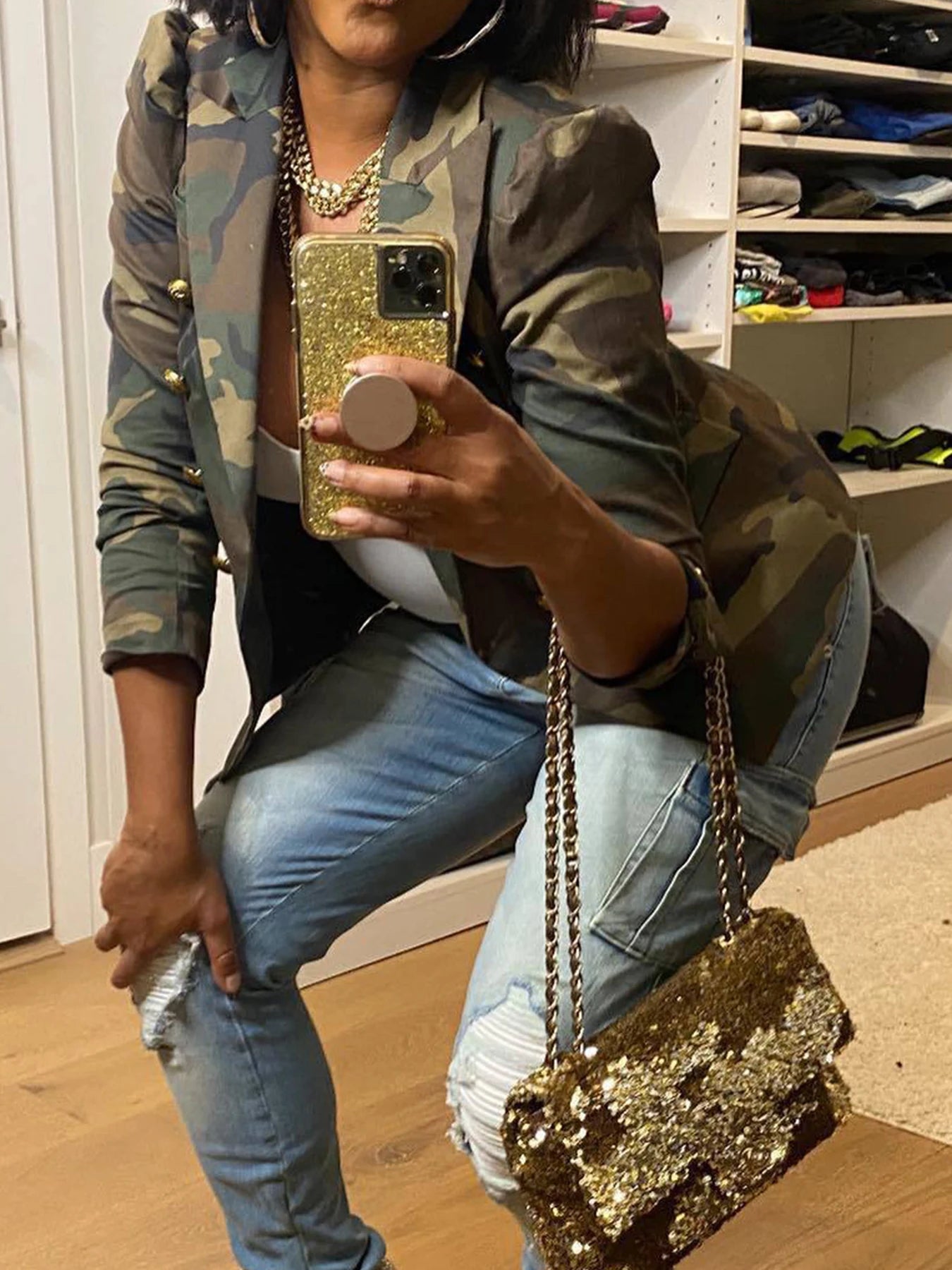 Camouflage Printed Double Breasted Jacket for Women Casual Long Sleeved Lapel Open Top Suitable for Spring and Autumn