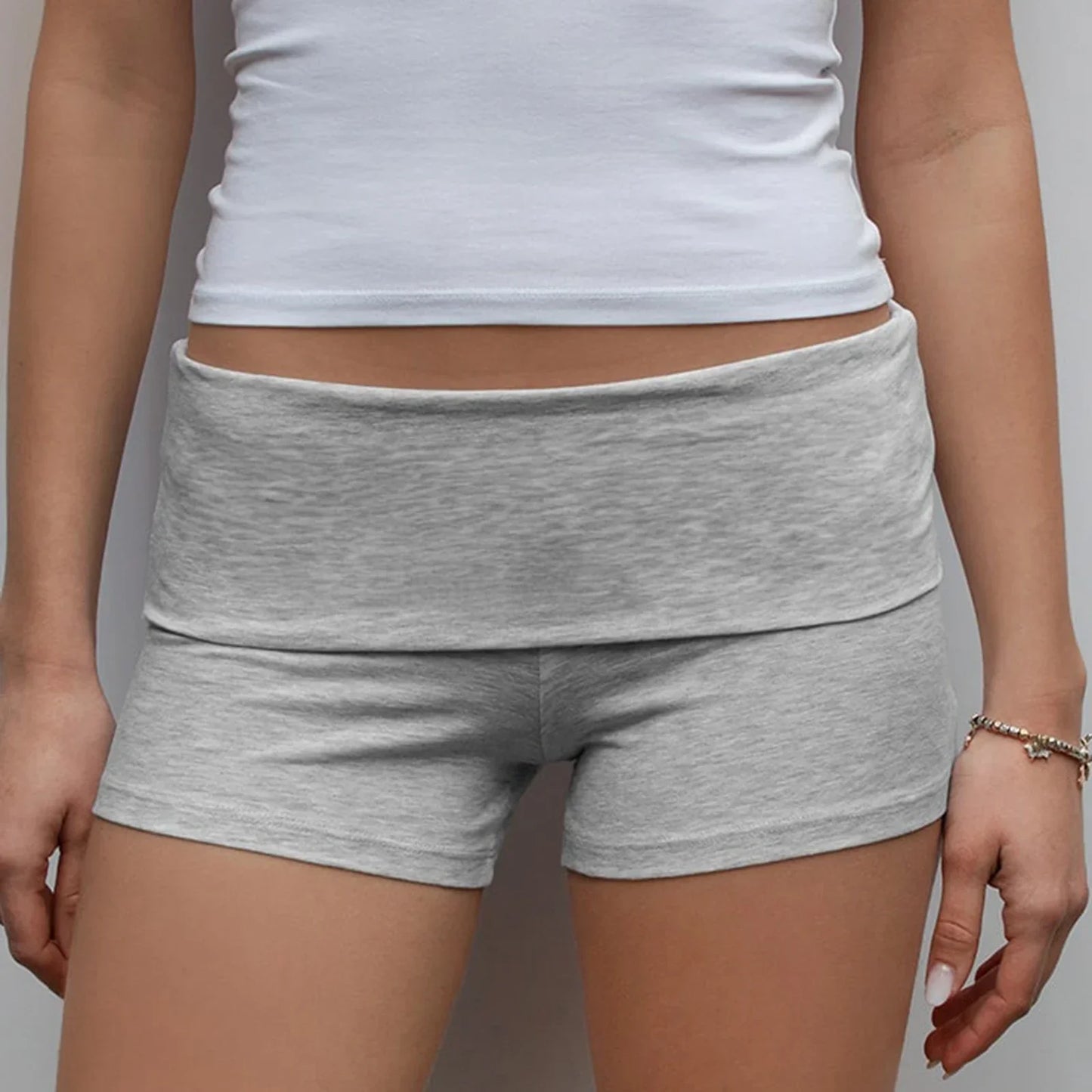Summer Slim Yoga Shorts for Women Casual Solid Color Fold Over Low Waist Lounge Shorts