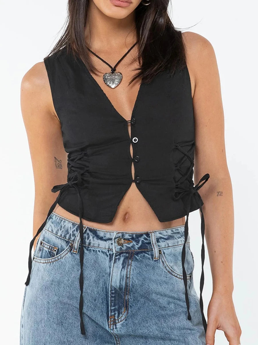 Women Summer Tank Tops Solid Color Front Button Vest Side Cross Tie Up Waistcoat Streetwear