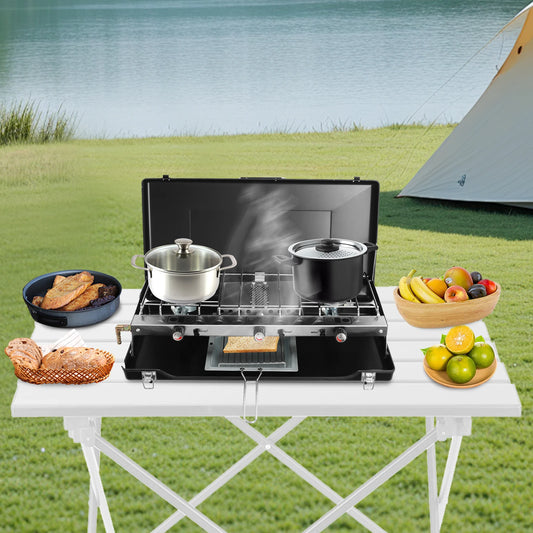 Portable Camping Stove, Gas Camping Stove with 3 Burners, Folding BBQ Grill, Push-Button Instant Ignition, for Outdoor Cooking