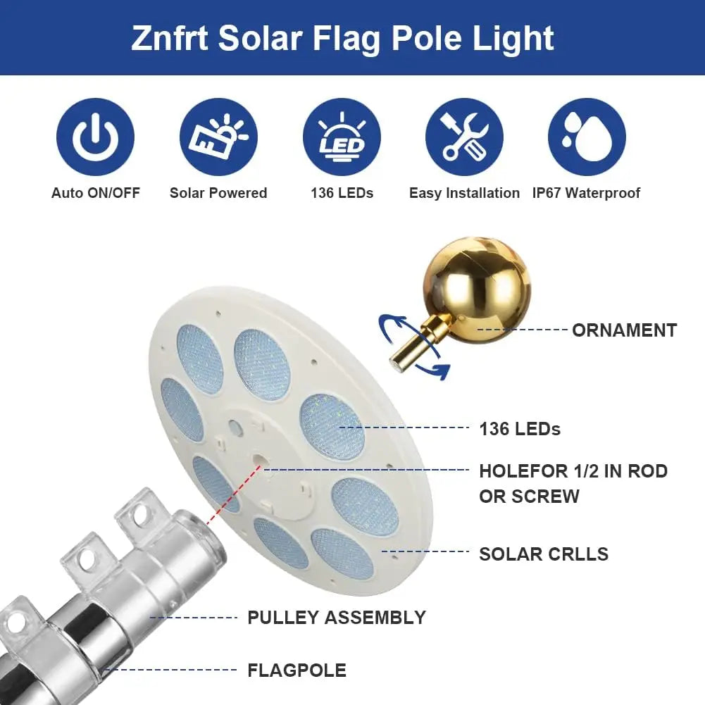 Solar Flag Pole Light,136 LEDs Flagpole Light, Auto On/Off Energy Saving Dusk to Dawn