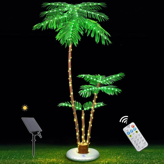 Outdoor terrace with solar powered lighting for palm trees