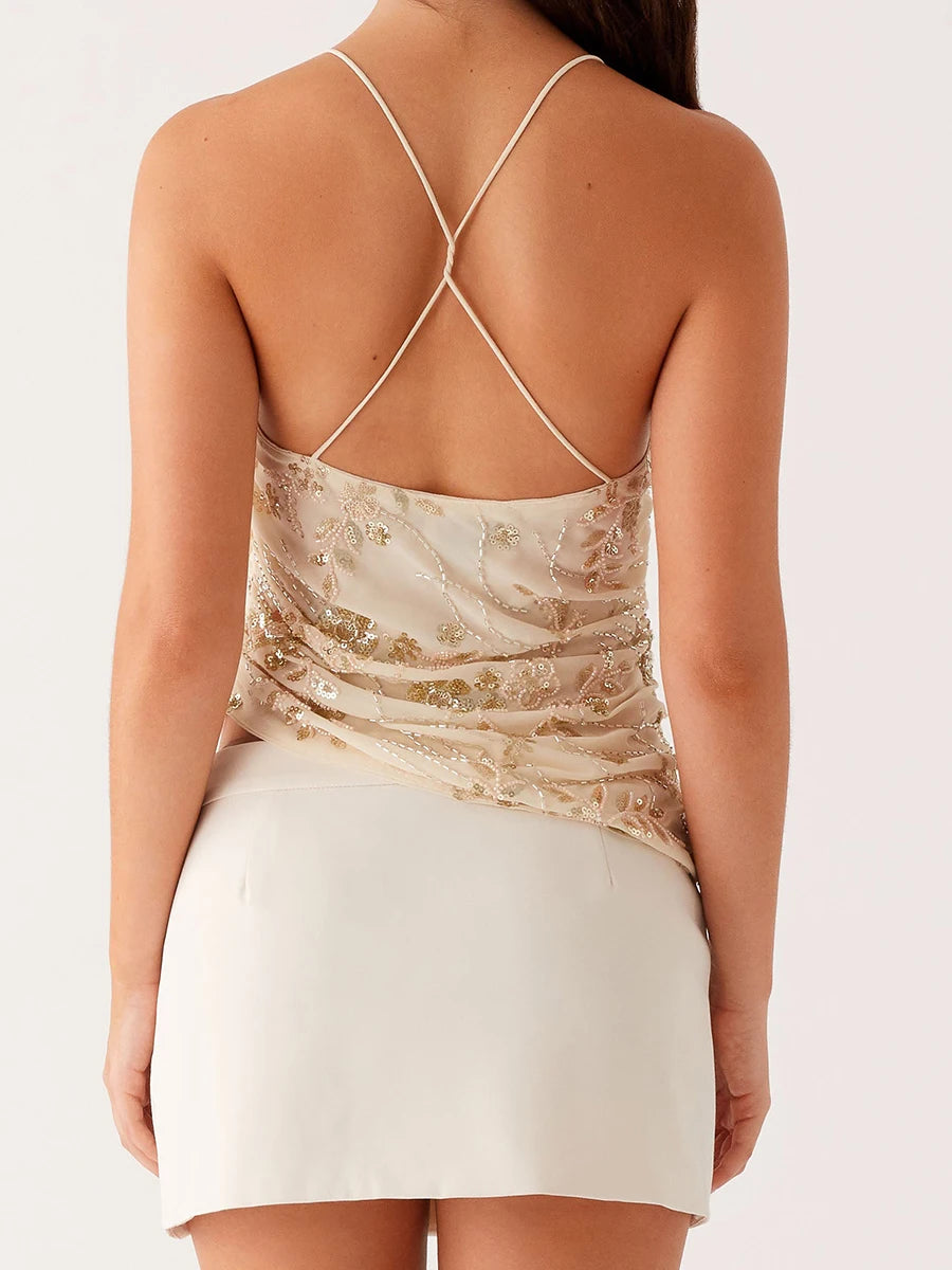 Women s Sparkling Sequin Floral Tank Top with Draped Cowl Neck Thin Spaghetti Straps and Sexy Open Back Design for Chic