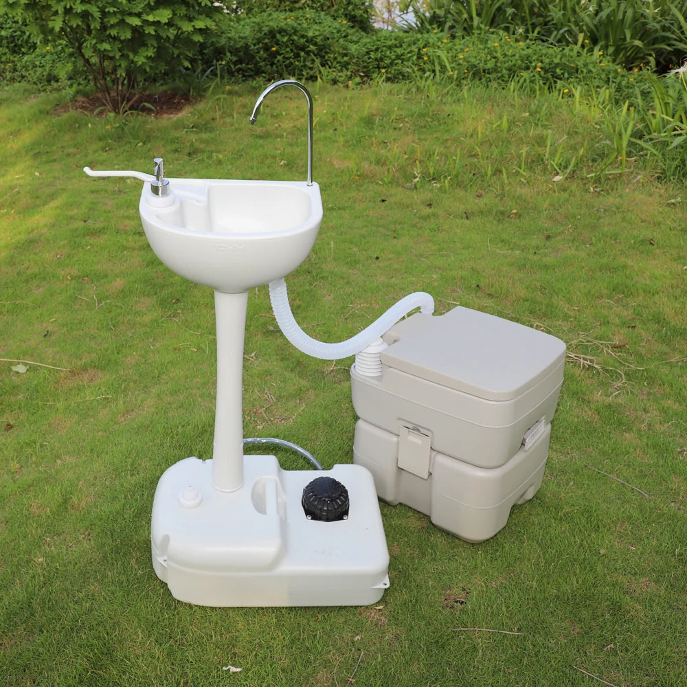 Outdoor Portable Camping Sink with Toilet, Standing Hand Wash Basin with Foot Pump and Water Tank, for RV, Travel, Fishing