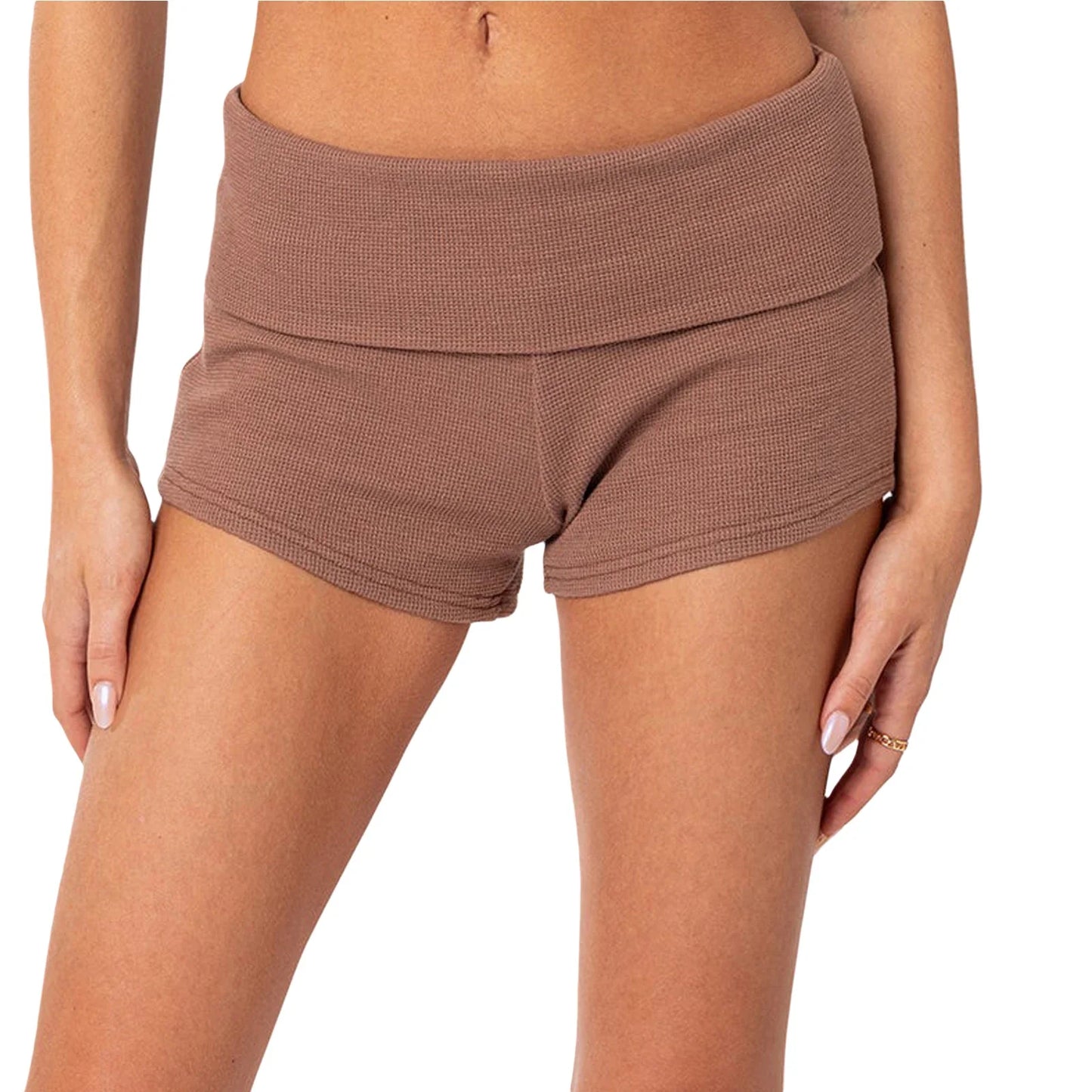 Summer Slim Yoga Shorts for Women Casual Solid Color Fold Over Low Waist Lounge Shorts