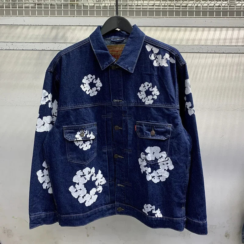 European and American high street cotton print denim jacket trendy brand hiphop explosive street pants loose retro  jacket