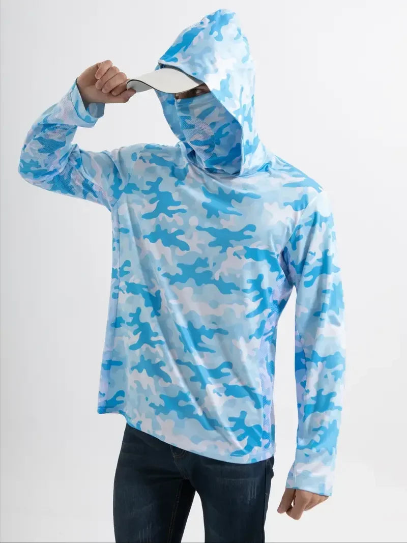 Fishing Shirt Hooded Men Fishing Clothes Outdoor Summer Mask Hoodie Sun Uv Protection