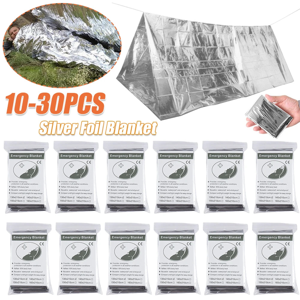 30-10PCS Emergency Thermal Poncho Blanket Lightweight Folding Water Resistant Windproof Sunshade First Aid Camping Mat Pad Cover