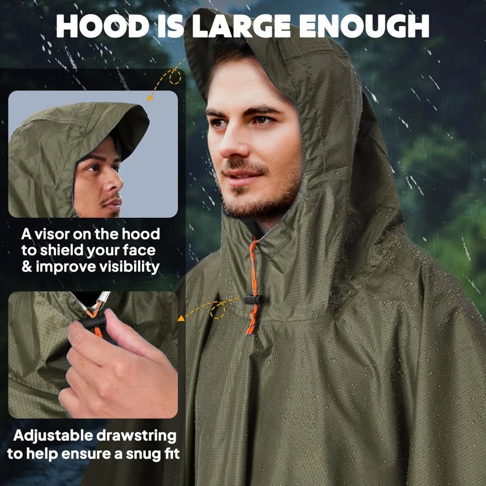 Hooded Rain Poncho for Adults Waterproof Lightweight Rain Coat for Men Women Reusable Rain Jacket for Emergency Outdoor